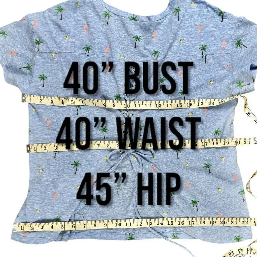 Miss Me Tropical Palm Flamingo Lace-Up Back Tee Gray Blue Medium - Picture 6 of 9